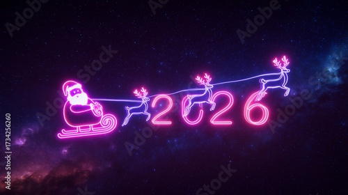 Neon Santa Sleigh with Reindeer and 2026 text in Futuristic Night Sky