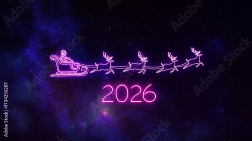 Neon Santa Sleigh with Reindeer and 2026 text in Futuristic Night Sky