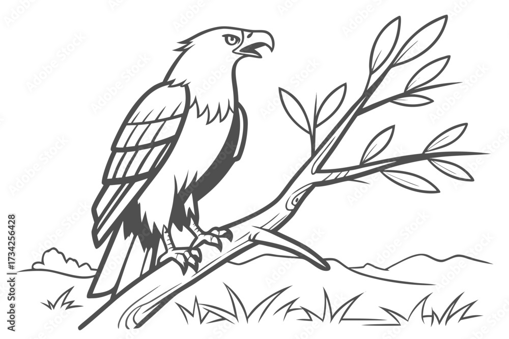 Obraz premium Seagull on Hill Line Art Vector - Monochrome Bird Graphic