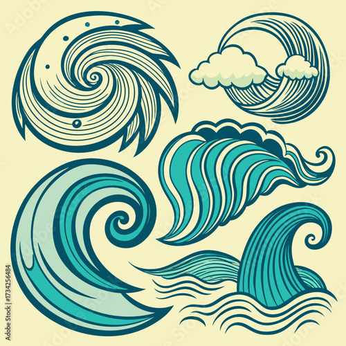Stylized Teal Waves and Clouds Set water ocean