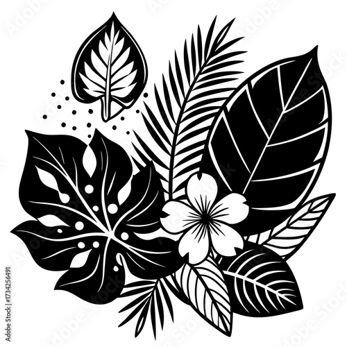Tropical Leaves Flower and Dots Black and White Keywords: tropical, leaves, foliage, monstera