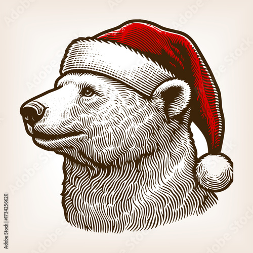 polar bear dressed in a red Santa Claus hat, combining festive holiday charm with wildlife artistry sketch engraving generative ai vector illustration. Scratch board imitation. Black and white image.