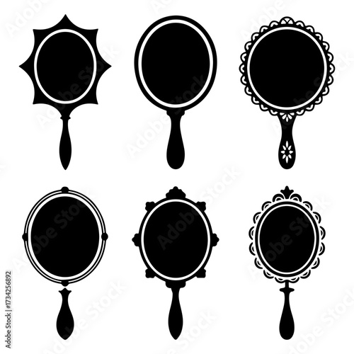 Assortment of six decorative hand mirror silhouettes with varied ornate frames vintage