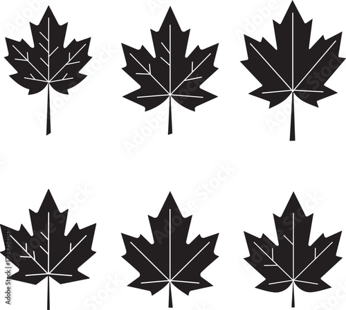 Six black silhouette maple leaves with textured grunge detail on a white background