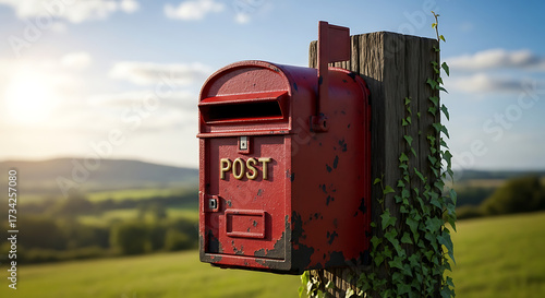 Rustic red post box mounted on a wooden post in a green rural landscape