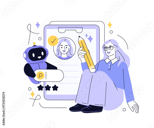 Character using artificial intelligence robot to create resume for job search. Human recourses, employment, hiring and recruitment concept. Vector illustration.