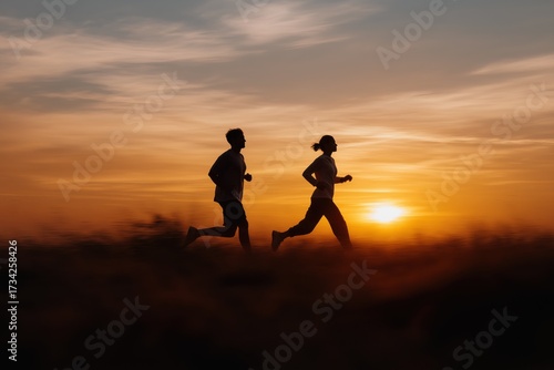 Wallpaper Mural Silhouette of young caucasian male and female jogging at sunset Torontodigital.ca