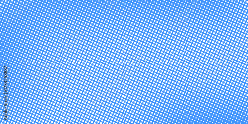 Blue halftone pattern. Retro comic gradient background. Bright pixelated dotted texture overlay. Cartoon pop art faded gradient pattern. Vector backdrop for poster, banner, advertisement