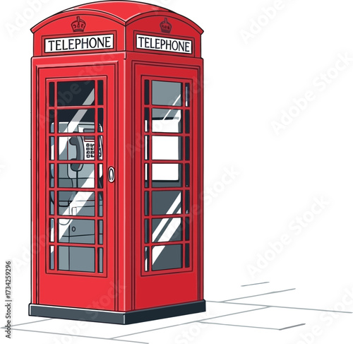 Vibrant red telephone booth illustration in London cityscape