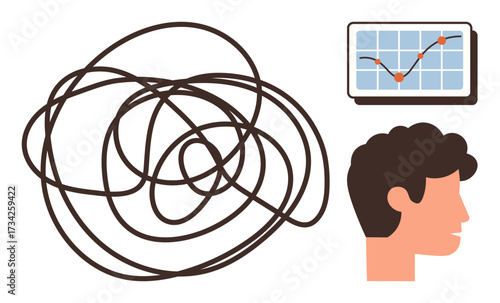 Tangled lines symbolizing confusion, chart with upward trend for clarity, and profile of a thinking person. Ideal for mental health, analytics, productivity, problem-solving, decision-making