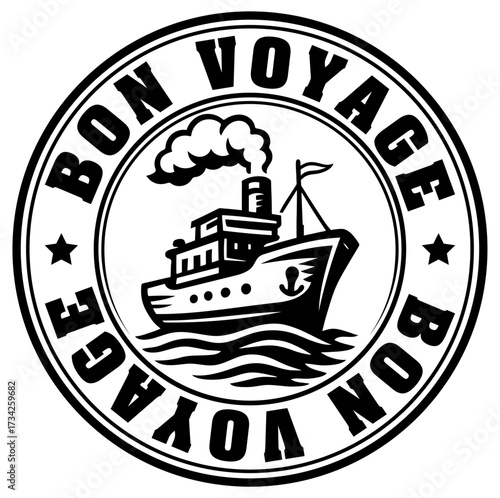 Bon voyage steamship emblem in vector design style