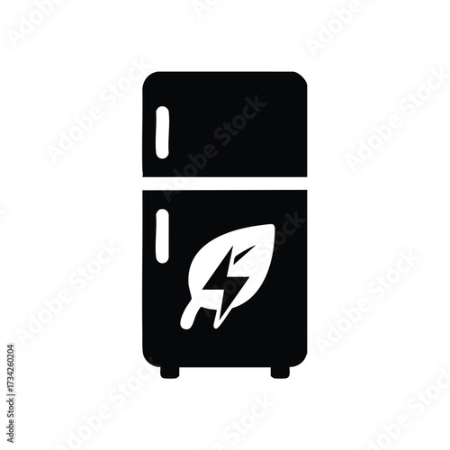 Minimalist depicting a refrigerator with a leaf and lightning bolt symbol representing eco-friendly energy-efficient appliance
