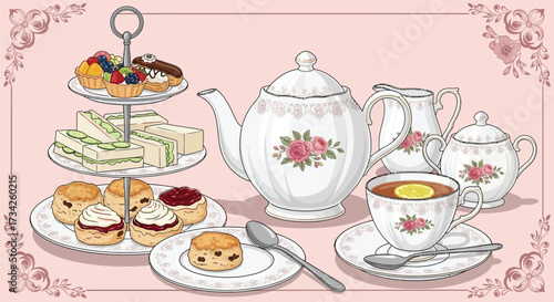 Elegant tea party set with dainty treats and floral china ware