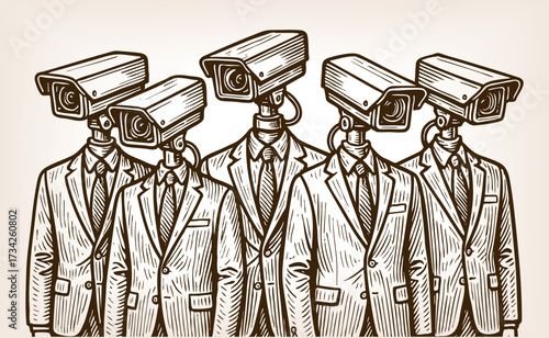 men in suits with surveillance cameras for heads, symbolizing control, privacy, technology, and modern society sketch engraving generative ai vector illustration. Scratch board. Black and white.