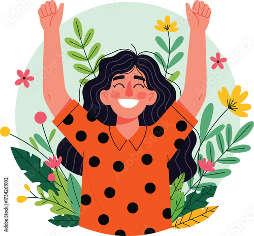 Cheerful woman embraces positivity joy and happiness surrounded by vibrant flowers and flourishing greenery