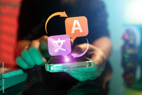 Fotografie Man Using Smartphone Translator for Travel