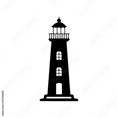Single black silhouette lighthouse with windows and a door on a white background beacon