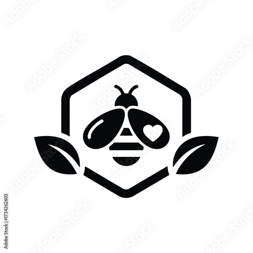 Stylized bee with heart-shaped eyes, surrounded by leaves, inside a hexagonal frame symbolizing nature and pollination