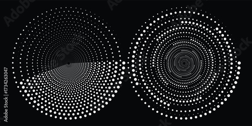 Vector dotted speed lines in vortex form. Geometric art. Segmented circle. Arc lines. Trendy design element for frame, round logo, sign, symbol, web, prints, posters, template, 