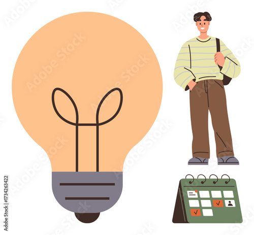 Light bulb representing ideas next to a man with a bag and calendar featuring marked dates. Ideal for creativity, planning, productivity, personal growth, innovation, goal setting, self-management