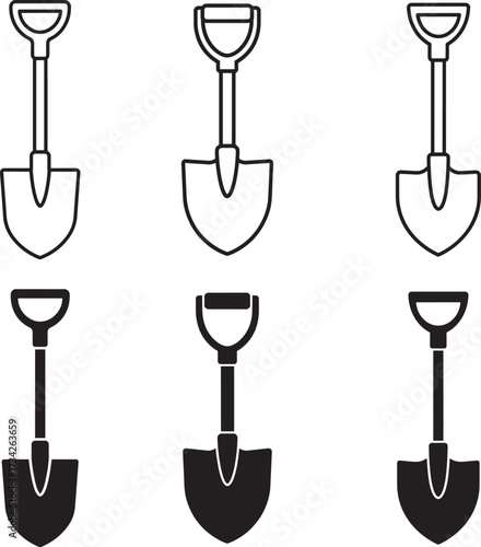 Collection of six different shovel icons in outline and solid black styles for design