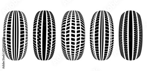 Black graphic tire print designs showing different tread patterns for vehicles. Vector illustration
