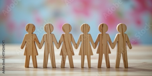 Wallpaper Mural wooden cutout people arranged symmetrically, cinematic lighting, close up macro focus, natural textures emphasized, blurred pastel background, concept of unity and friendship Torontodigital.ca