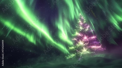 Particle Christmas tree glowing under a vibrant green and purple aurora borealis (AI Generated)
