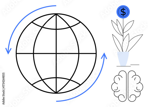 Globe encircled by arrows, plant with dollar sign, brain. Ideal for sustainability, innovation, global economy, growth, finance education creativity. Simple flat metaphor