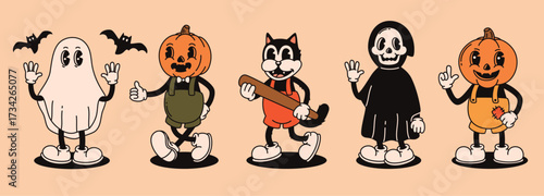 A set of retro groovy Halloween characters. Ghost, death, pumpkins, cat.