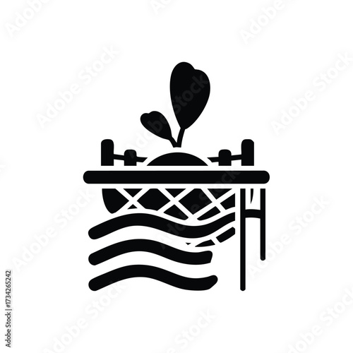 Minimalist silhouette of a small garden with a plant, a bridge, and flowing water, emphasizing tranquility and nature in a simple design