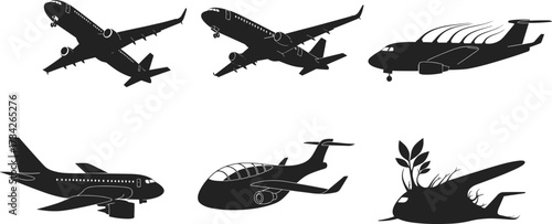 Airplane silhouette collection, modern jet design, creative aircraft illustration, aviation concept, futuristic plane shapes, black vector