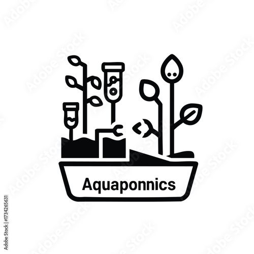 Minimalist Line Art of Aquaponics System with Plants and Fish in a Container for Sustainable Agriculture