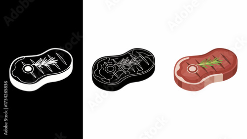 Grilled Steak Vector Icon Set with Cartoon and Monochrome Meat Illustrations