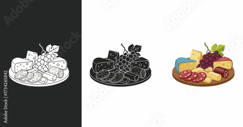 Cheese Board Vector Illustration Set with Salami Grapes and Appetizers in Cartoon and Silhouette Styles