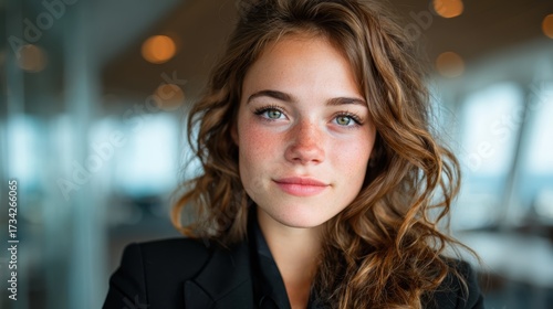 Wallpaper Mural A beautiful young woman gazes confidently at the camera, showcasing her natural features against an elegant background, embodying grace and professionalism in modern environments. Torontodigital.ca