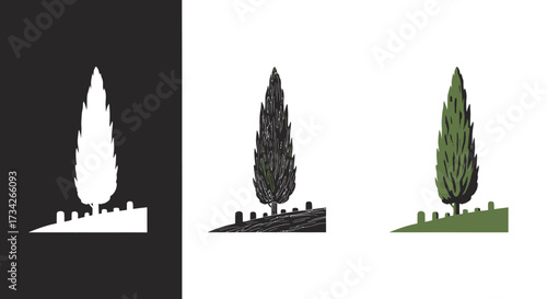 Cypress Tree Vector Icon Set with Hand Drawn Rustic and Silhouette Styles
