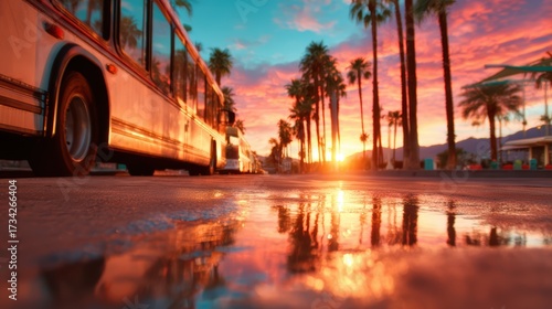A breathtaking sunset casts vibrant colors over the street, with palm trees silhouetted against the dramatic sky, creating a serene atmosphere of beauty and tranquility.