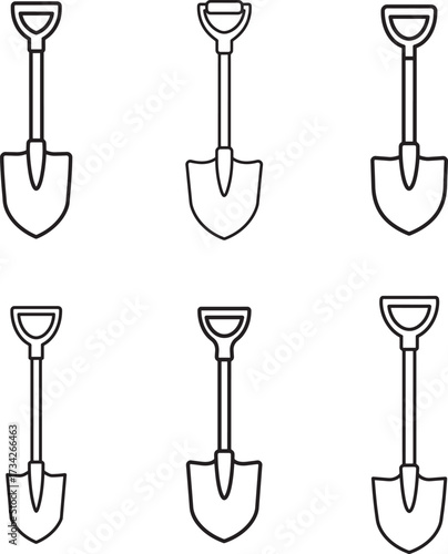 Collection of six simple line art illustrations of garden shovels in a grid pattern