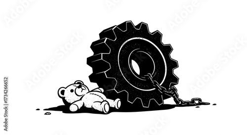 Teddy bear trapped under large gear with chain in black and white  