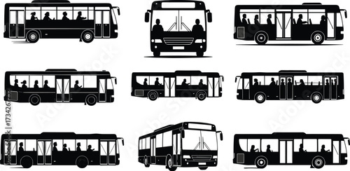 Bus silhouette illustrations, black and white public transport graphics, passenger seating, side and front views, design icons