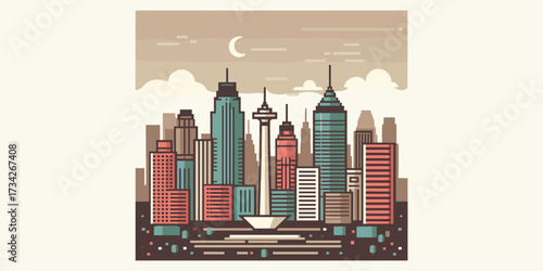Stylized flat design illustration of a Jakarta, a vibrant metropolitan cityscape featuring diverse modern architectural skyscrapers and a prominent national landmark.