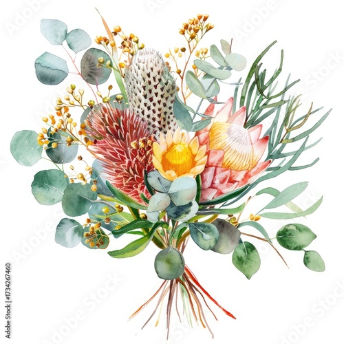 Floral bouquet with exotic native Australian flowers, art for wedding use, isolated
