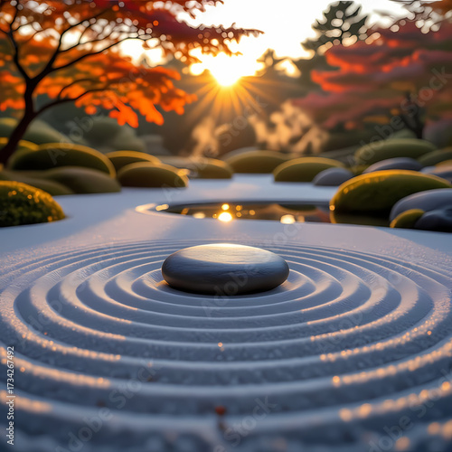 Tranquil Zen Garden with Raked Sand and Stone – Meditative Landscape for Mindfulness, Therapy, and Self-Care Apps