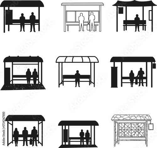 Bus stop shelter silhouettes with people waiting, public transport station design for urban city illustration set