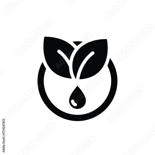 Minimalist black and white representing eco-friendly and sustainable concepts with leaves and a droplet symbolizing nature and conservation