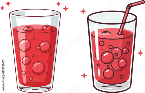 Glasses of fizzy red drink with bubbles and straw in flat style  