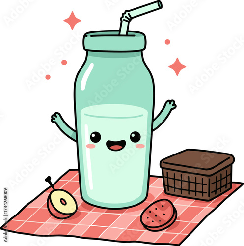Cute cartoon character of a smiling drink bottle with snacks  