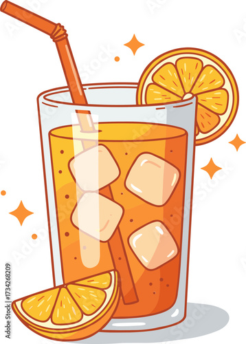 Orange drink with ice cubes and slice in flat style, transparent background  