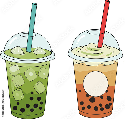 Two colorful bubble tea drinks in flat style with transparent background  